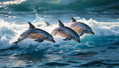 Fototapeta premium Dolphins leaping over waves ocean wildlife photography marine environment side view nature's grace