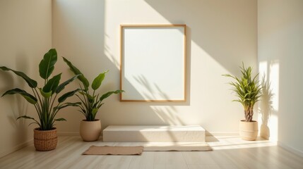 Modern interior with minimalist decor featuring framed empty canvas, potted plants, natural light, and neutral color palette