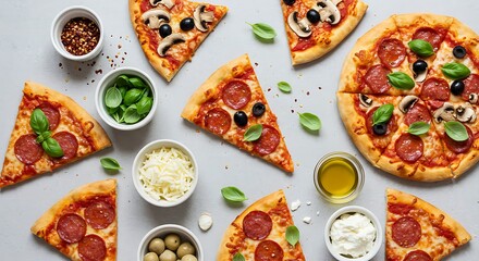 Serving Pepperoni Pizza Slices with Fresh Ingredients Overhead View