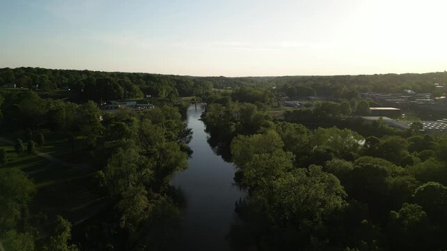 Aerial over Yadkin River through Elkin North Carolina at sunset