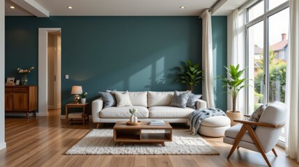 Modern Living Room Interior with Cozy Sofa, Green Accent Wall, Natural Light, and Stylish Decor Elements