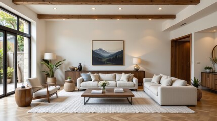 Bright and airy modern living room with natural light and stylish decor featuring a mountain landscape painting