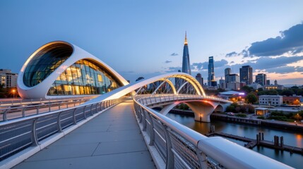 Obraz premium Modern pedestrian bridge with city skyline and sunset glow featuring iconic skyscrapers under a beautiful evening sky