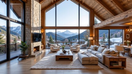 Fototapeta premium Cozy mountain retreat with panoramic views, large windows, stylish interior, and warm fireplace in a luxurious cabin setting