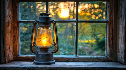 Rustic lantern on windowsill, warm sunset view
