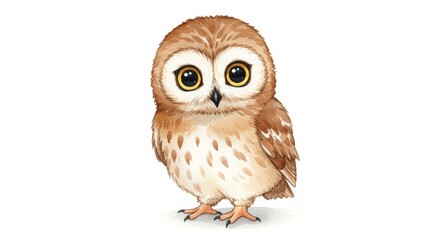 Obraz premium Adorable watercolor owl illustration with big golden eyes and detailed feathers perfect for children's books and nature themed designs, a charming forest animal