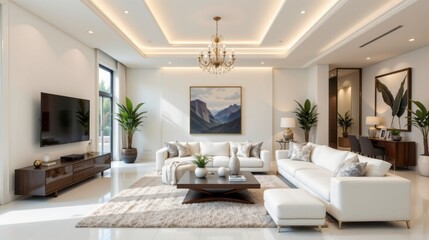 Elegant modern living room design with natural light and contemporary décor featuring white furniture and mountain artwork