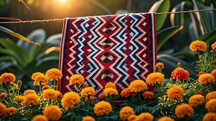 Congo Independence Day: Traditional Kuba cloth on golden marigolds, celebrating Congo's cultural heritage.