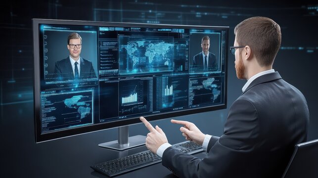 Data analysis visualization on widescreen monitor screen for global security network management in futuristic cybercrime investigation