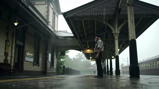 Atmospheric Railway Station Under Rainfall, Featuring a Stationmaster in Uniform