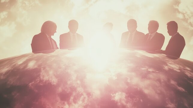 Silhouetted figures in ethereal light on clouds evokes teamwork leadership and meeting with spiritual otherworldly connotation