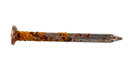 A rusty nail lies horizontally against a white background.