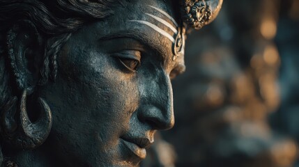 Close-up view of a divine sculpture's serene face.