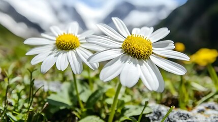 Fototapeta premium Mountain Daisies in Serene Setting, Blooming Beauty with Mountain Backdrop
