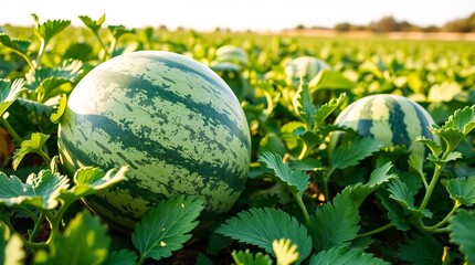Watermelons growing in the field green leaves and sunlit on it.