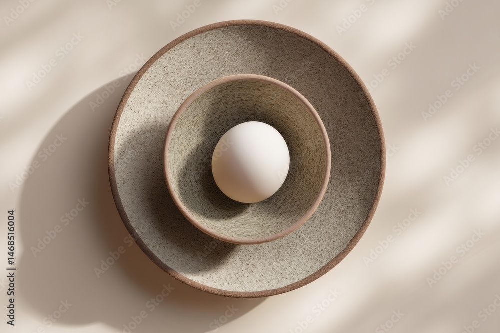Poster minimalist setup featuring a white egg in a ceramic dish with soft neutral tones suitable for logo d