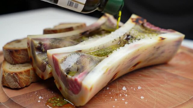 Gourmet bone marrow preparation close-up with bread on wooden cutting board