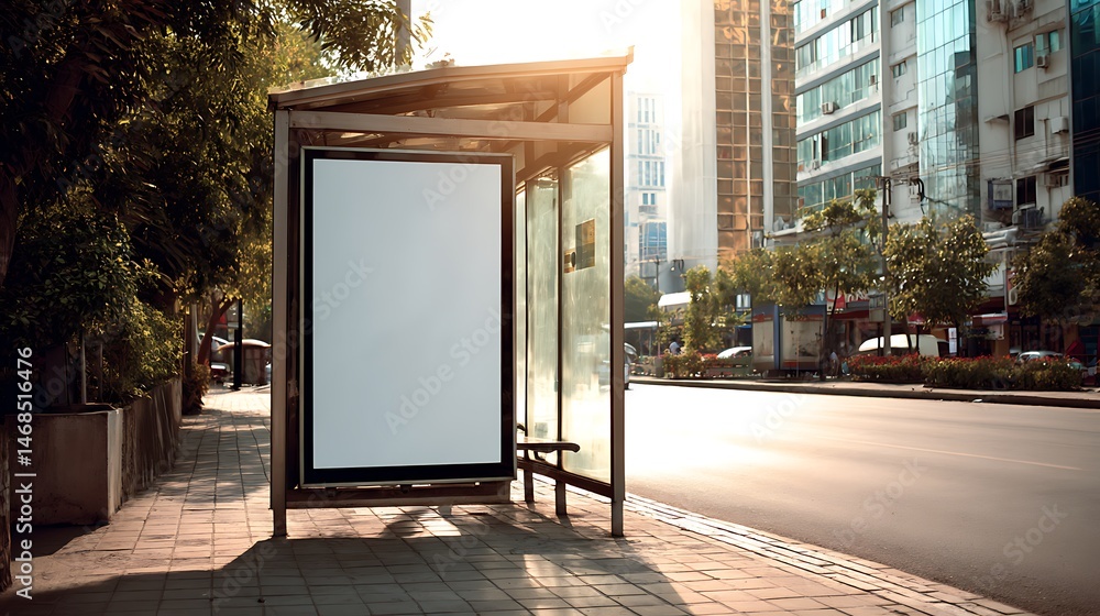 Aufkleber empty bus stop shelter with copyspace for advertising in a sunny urban setting