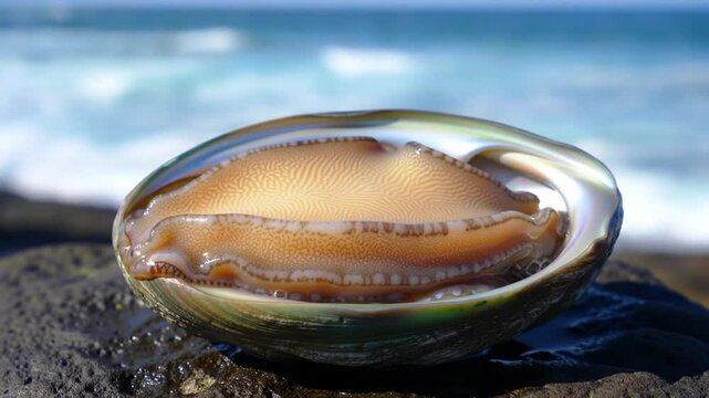 Elegant Abalone Shell Resting on Coastal Rocks with Turquoise Ocean Backdrop