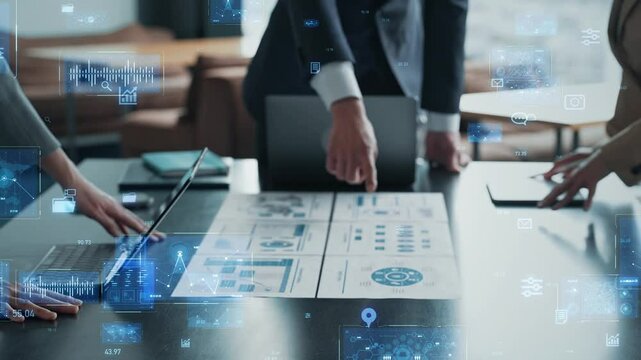 Group of business people meeting and digital technology concept