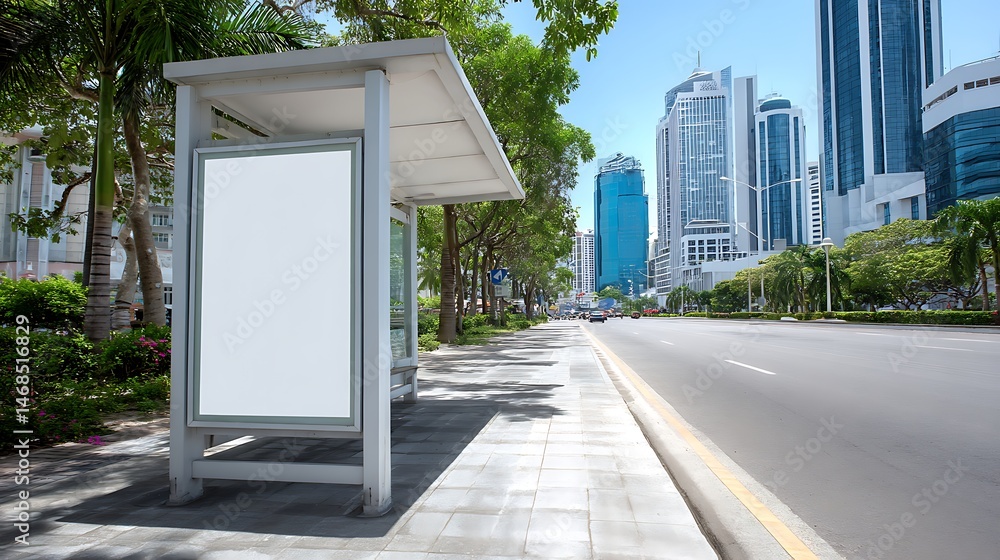 Aufkleber empty bus stop shelter with copyspace for advertising in a sunny urban setting