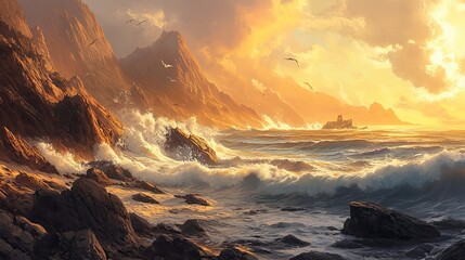 Painting of a rocky shore with a boat in the water. The sky is orange