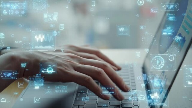 ノートパソコンを使うエンジニアとデジタルテクノロジーのコンセプト