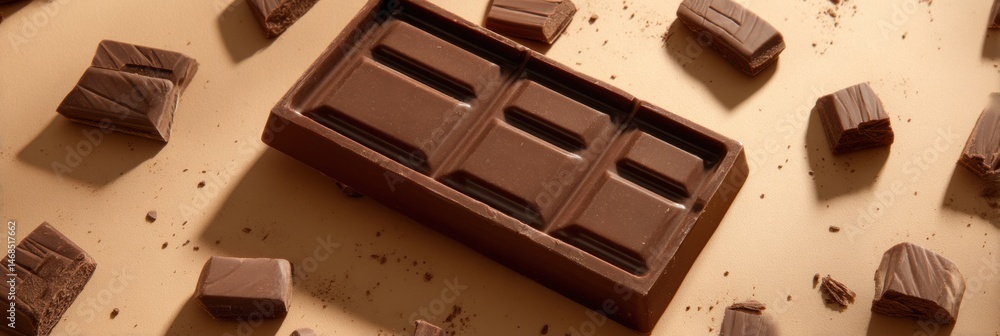 Poster delicious chocolate bar opened with pieces scattered around in a soft shadowed layout on a neutral b