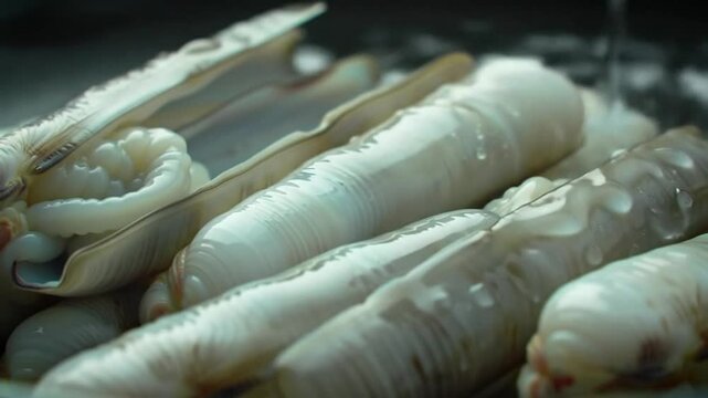 Close-up View of Fresh Razor Clams Being Washed Preparation for Cooking Food