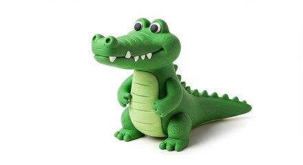 Fototapeta premium Cheerful green alligator made of plasticine standing upright isolated on white background perfect for kid's books and educational material