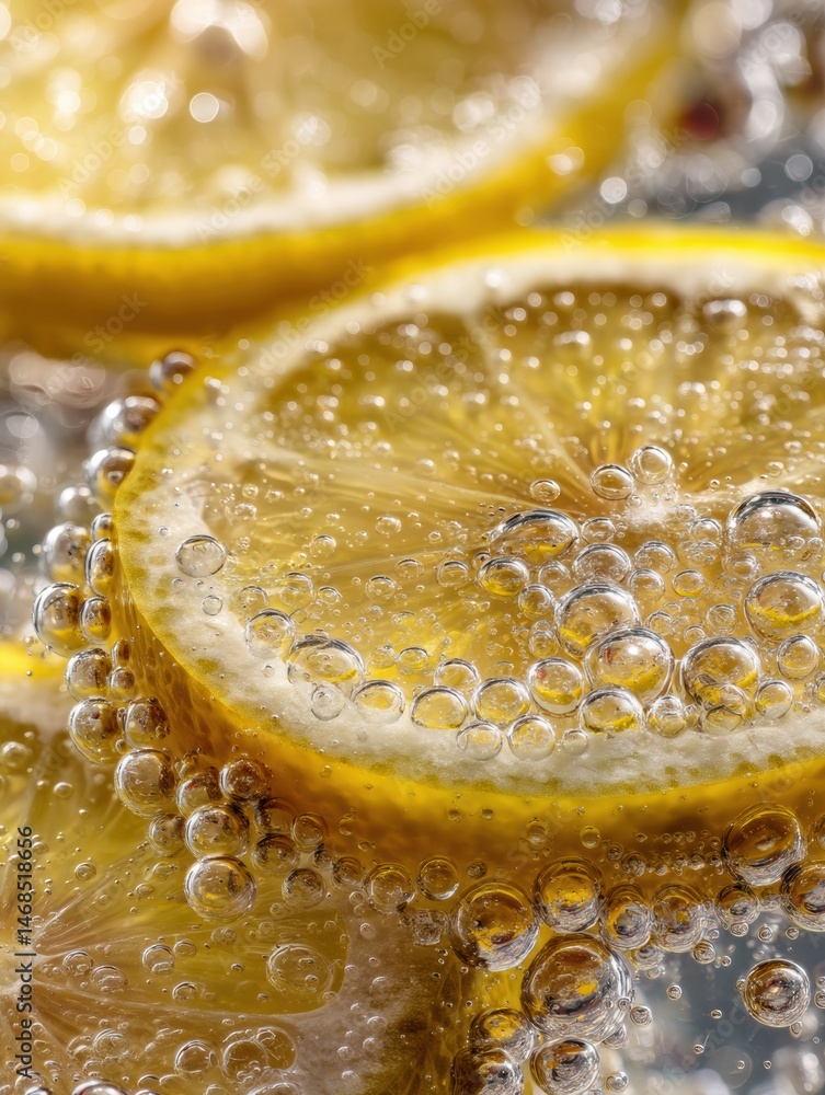 Poster refreshing lemon slices in sparkling water with bubbles in macro focus showcasing vibrant colors and