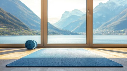 Fototapeta premium Yoga Mat by Window with Mountain View