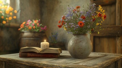 Rustic Still Life Book Candle Flowers in Vase