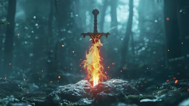 a sword that emits fire in the middle of the forest. Virtual 4K video animation background with looping time lapse with very smooth graphics.