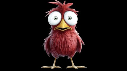Fototapeta premium A cartoonish red bird with wide, startled eyes and a yellow beak stands against a black backdrop.
