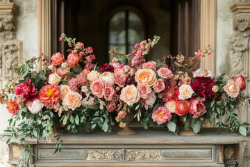 Fototapeta premium Floral arrangement on a fireplace.