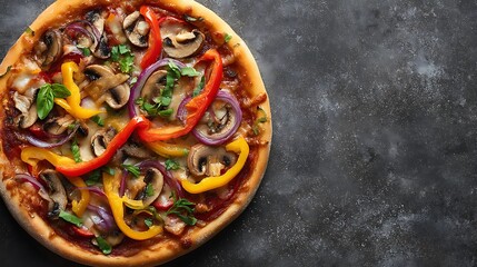 Vegetable Pizza with Mushrooms and Peppers on Dark Background