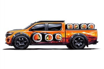 A vibrant orange pickup truck creatively designed with sushi graphics, parked in a lively urban setting