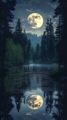 Naklejka premium Misty lake reflecting full moon in dark forest