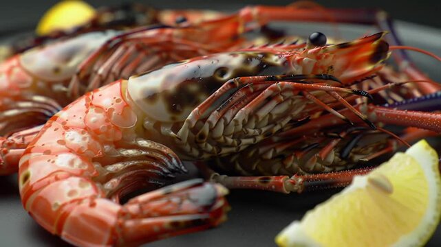 Macro Shot of Delicious Grilled Shrimp Served with a Slice of Lemon