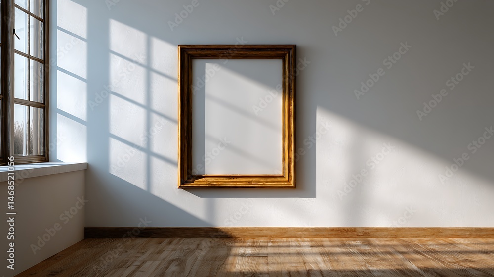 Poster empty wooden picture frame mockup hanging on white wall background in a spacious empty room with sun
