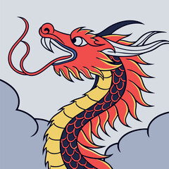 Illustration of a red and yellow dragon with clouds on a light gray background