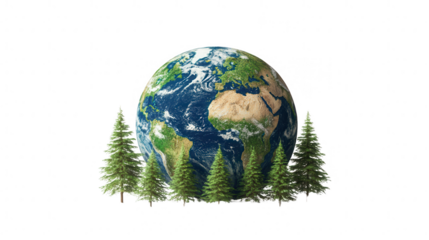 The Earth and Evergreen Trees against a Transparent Background, a concept for environment and ecology, the symbol of ecological balance