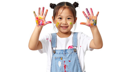 Colorful handprints, a little girl explores creativity and playful learning through vibrant colors