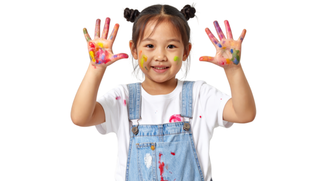 Colorful handprints, a little girl explores creativity and playful learning through vibrant colors
