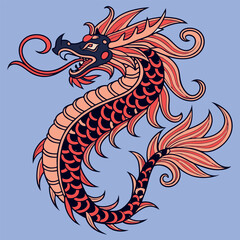 A stylized illustration of a red and black dragon with a light blue background