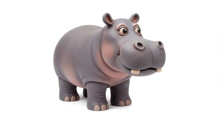 Cartoon hippopotamus figurine on a white background presents a charming and playful image perfect for children's illustrations, toy designs, and educational materials, showcasing its cute features and