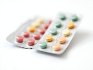 Colorful medical pills laying in blisters on white background