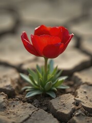 Blooming Red Tulip in Cracked Dry Soil, Close Up of Flower Amid Harsh Earth