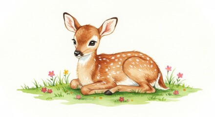 Adorable watercolor illustration of a baby deer lying in a field of grass and wildflowers creating a charming and whimsical scene perfect for children's books, nursery decor, and springtime designs.